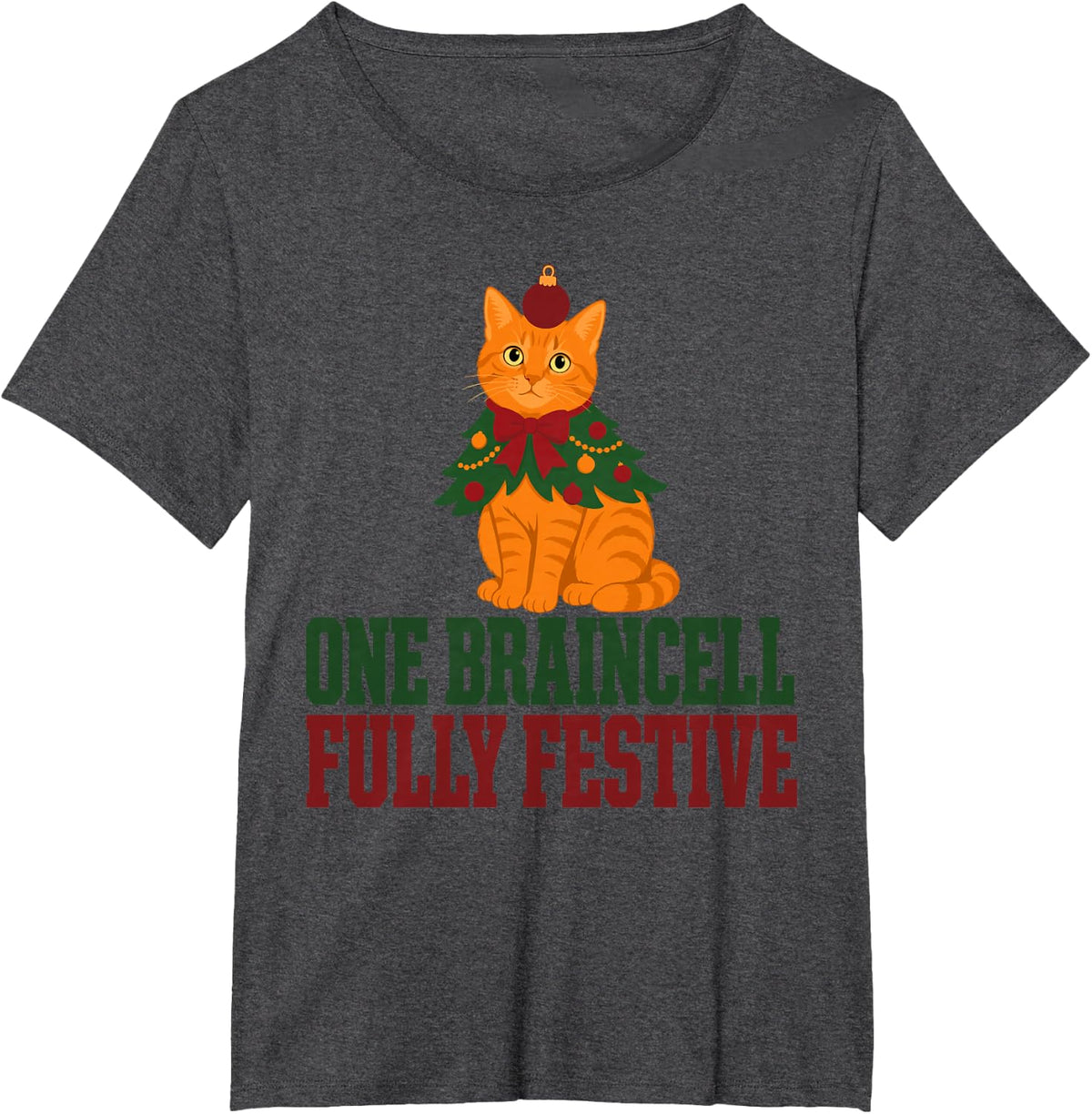 One Braincell Fully Festive Ginger Cat Christmas T-Shirt - Dark Heather Grey