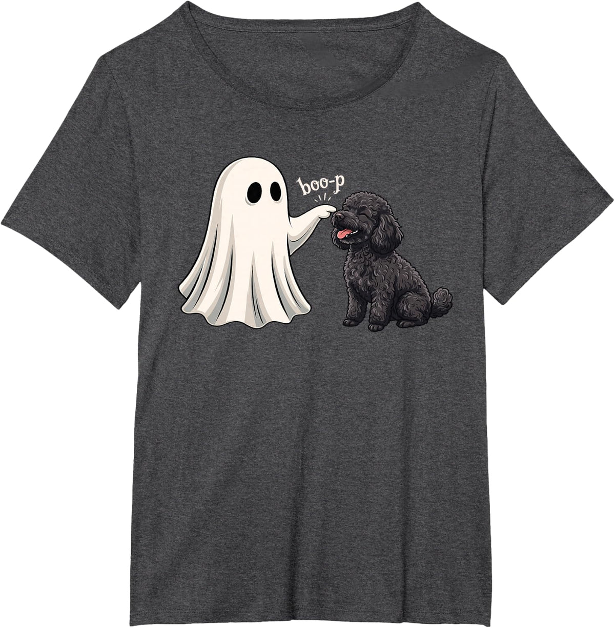 Cute Ghost Booping Toy Black Poodle Halloween T-Shirt - Dark Heather Grey