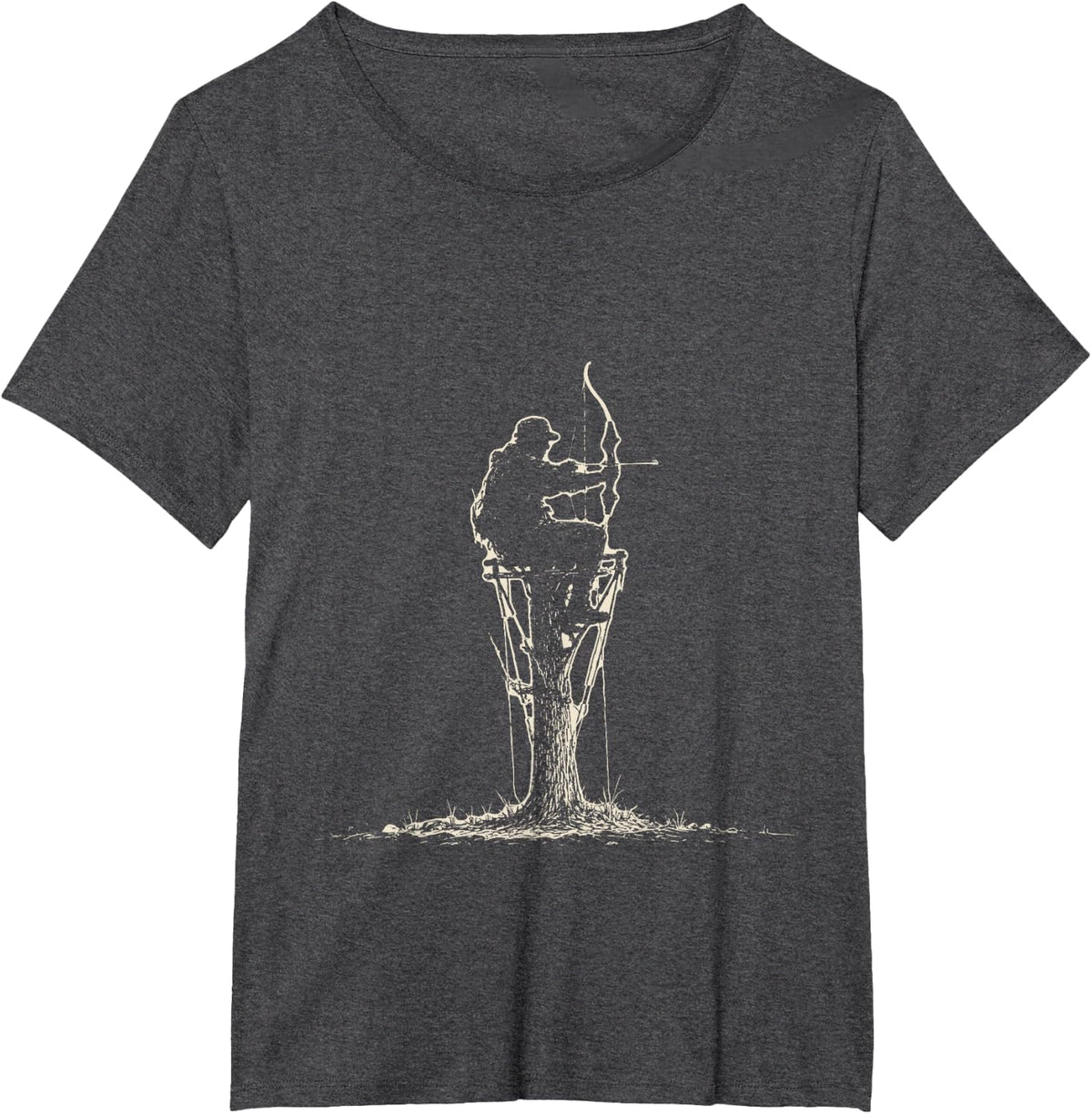 Vintage Tree Stand Hunter Ink Drawing Deer Season T-Shirt - Dark Heather Grey