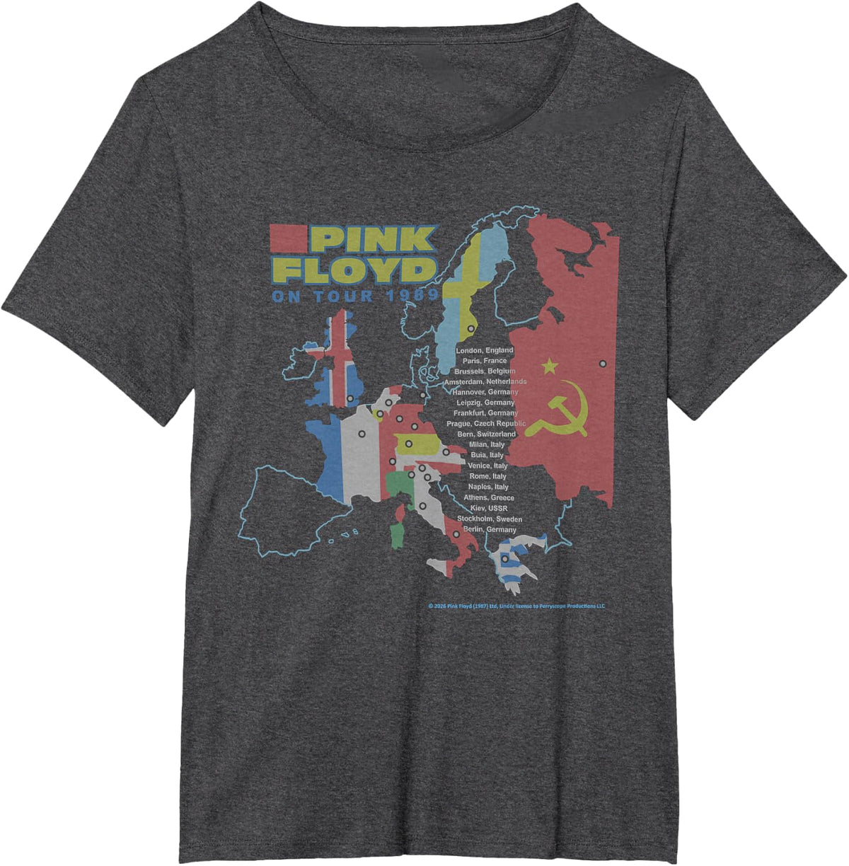 Pink Floyd On Tour 1989 Europe Map Cities T-Shirt - Dark Heather Grey