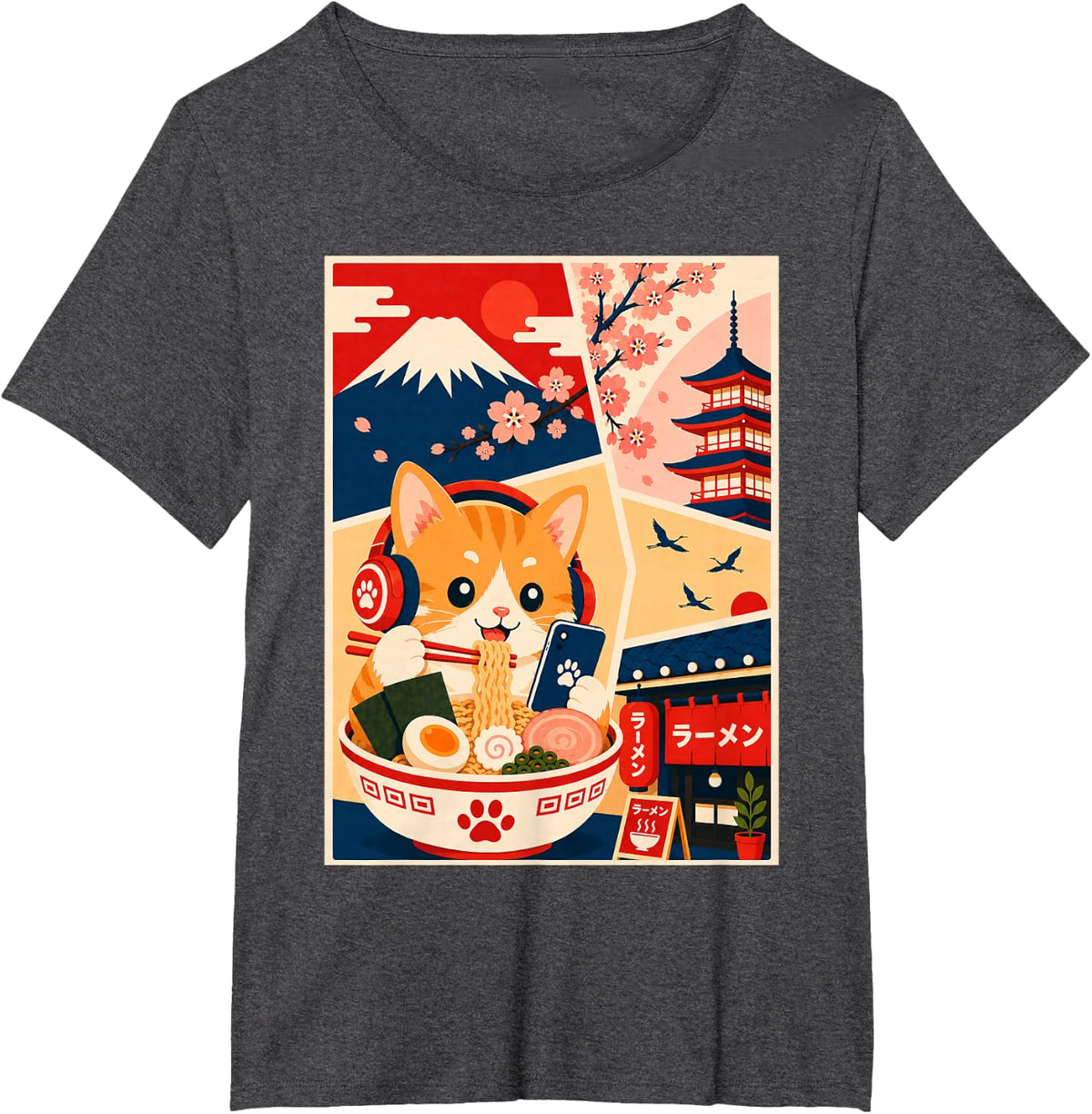 Cute Ginger Cat Eating Ramen Japanese Food Anime Art T-Shirt - Dark Heather Grey