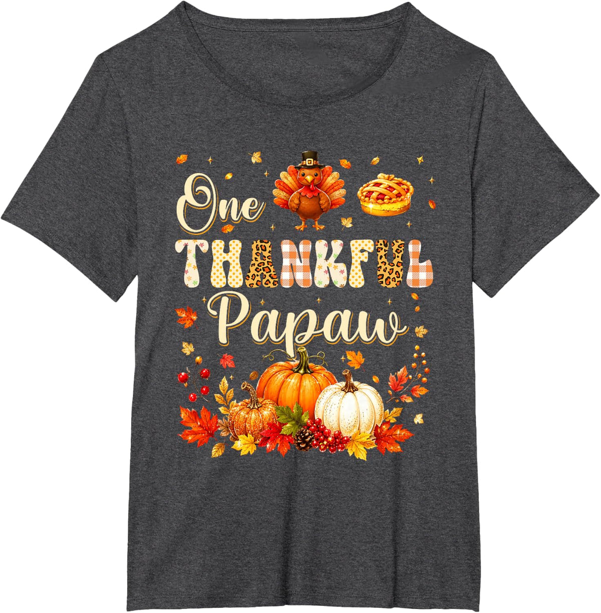 One Thankful Papaw Fall Leaves Autumn Thanksgiving T-Shirt - Dark Heather Grey