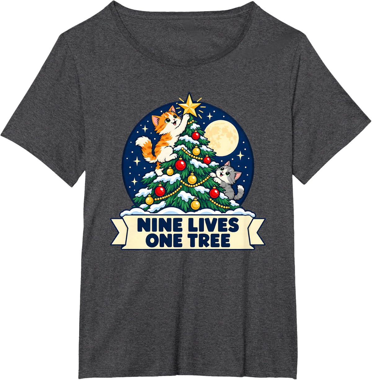 Kitten Climbing Christmas Tree Night Moon Cute Cat Xmas T-Shirt - Dark Heather Grey