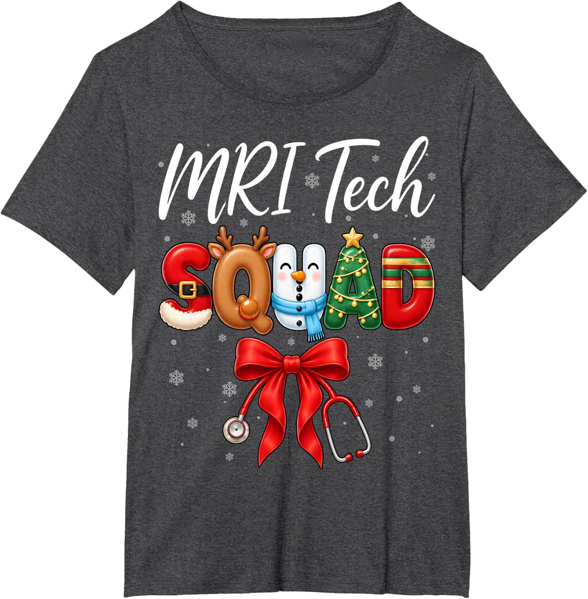 MRI Tech Squad Christmas Tree Reindeer Snowman Bow T-Shirt - Dark Heather Grey