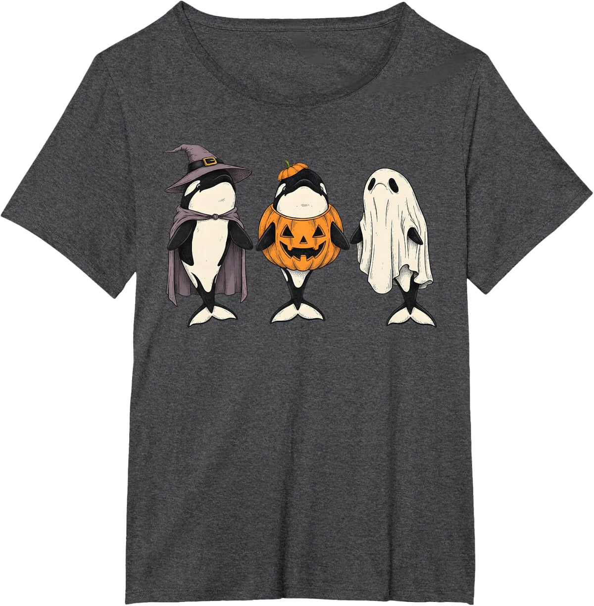 Spooky Ghost Orca Whale Lover Pumpkin Halloween T-Shirt - Dark Heather Grey