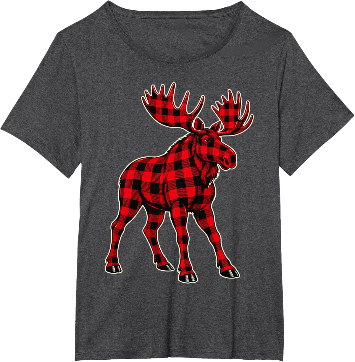 Moose Red Plaid Buffalo Check Holiday Artwork T-Shirt - Dark Heather Grey