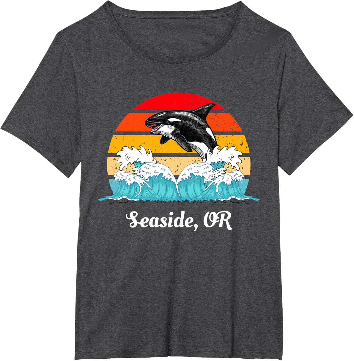 Vintage Seaside Oregon Distressed Orca Killer Whale Art T-Shirt - Dark Heather Grey
