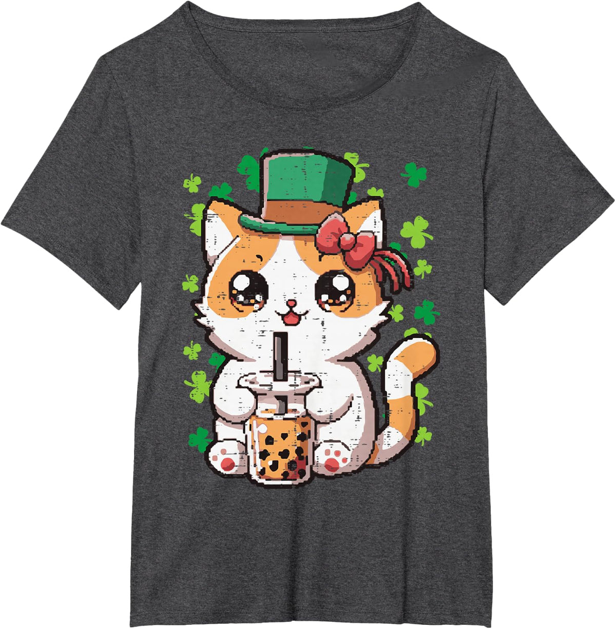 St Patricks Day Cat Boba Tea Irish Kawaii Japanese Women Kid T-Shirt - Dark Heather Grey