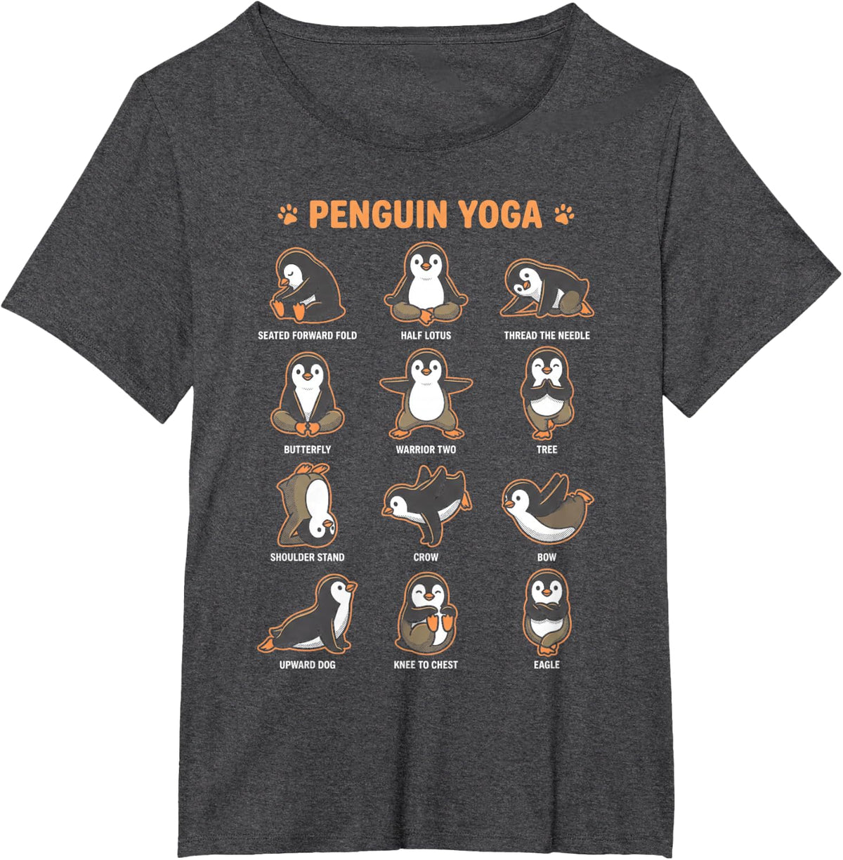 Penguin Yoga Comic Poses Cute Funny Animal Chart T-Shirt - Dark Heather Grey