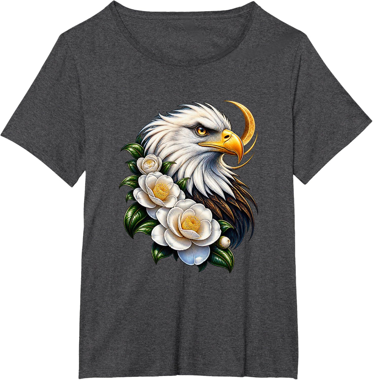 Bald Eagle Head with White Camellia Flowers T-Shirt - Dark Heather Grey
