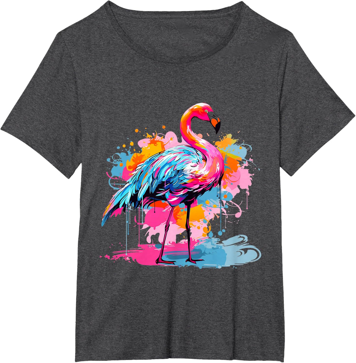 Cool Colorful Flamingo Portrait Graphic T-Shirt - Dark Heather Grey