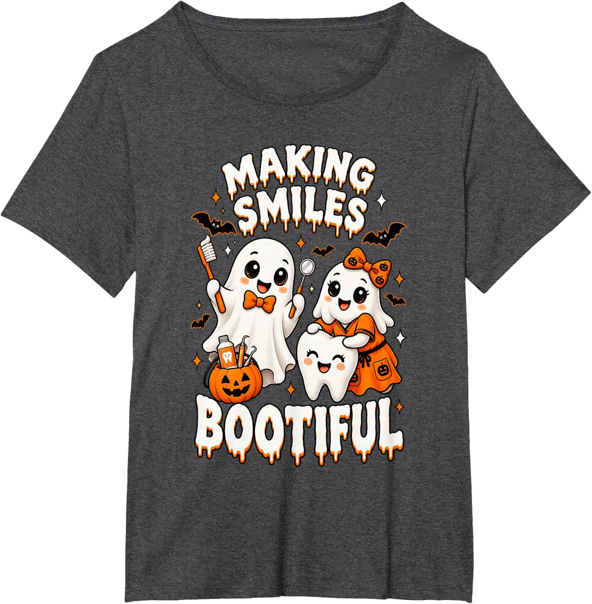 Making Smiles Bootiful Halloween Dental Hygienist Teeth T-Shirt - Dark Heather Grey