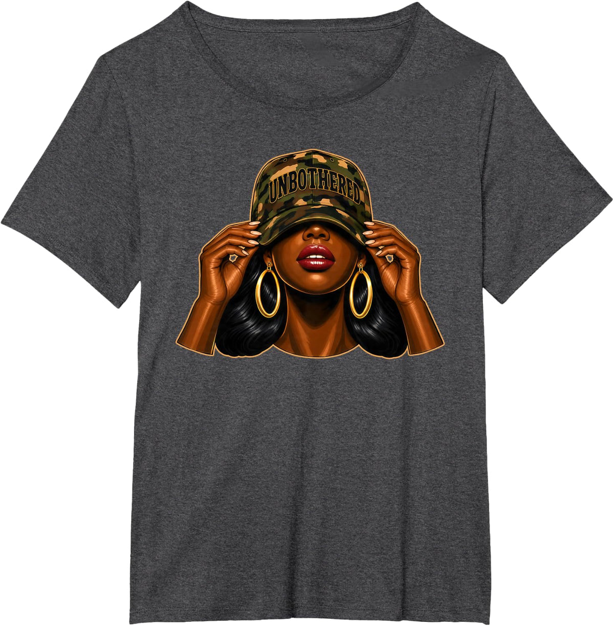 Melanin Girl Black Woman Camouflage Camo Cap Unbothered T-Shirt - Dark Heather Grey
