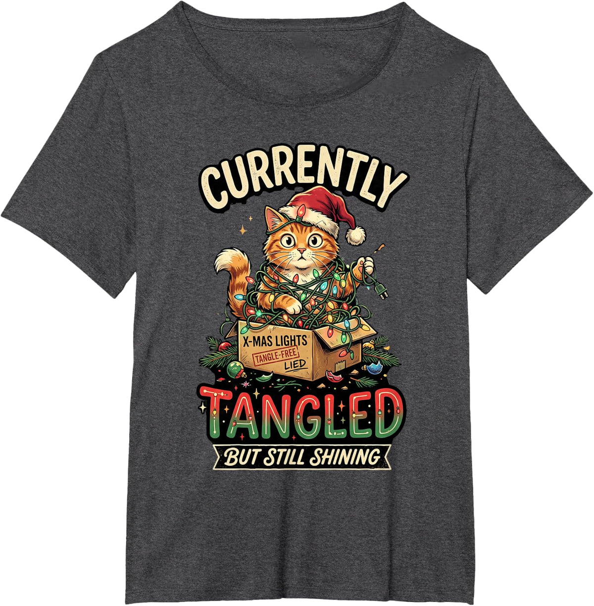 Currently Tangled But Still Shining Ginger Fun Cat Christmas T-Shirt - Dark Heather Grey