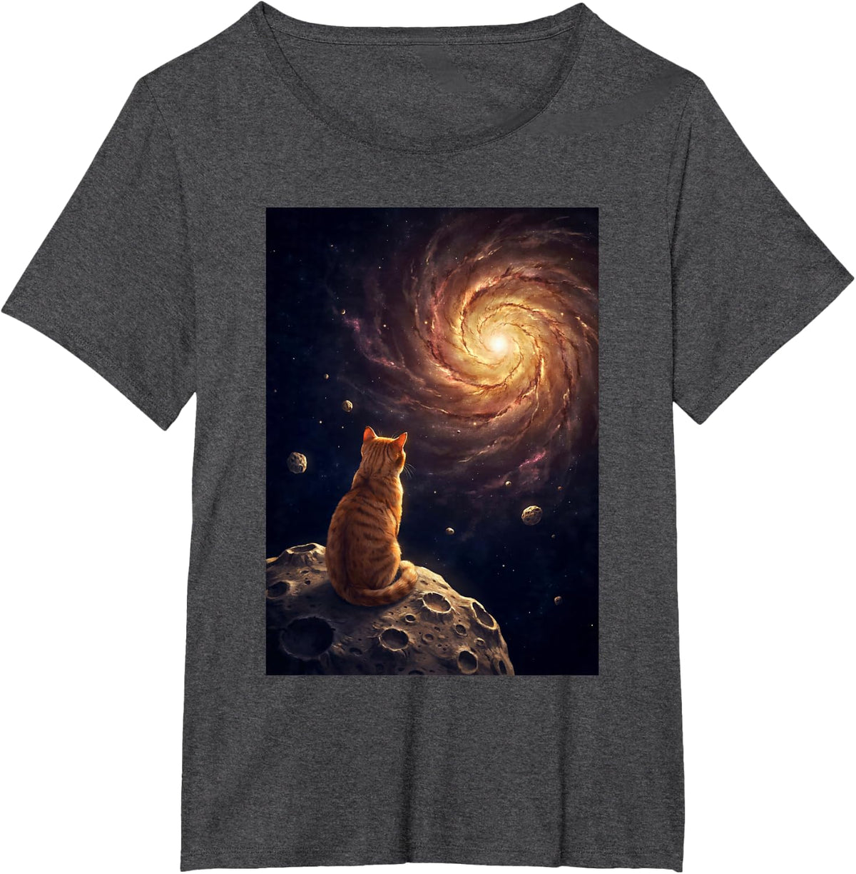 Orange Tabby Cat Watching Galaxy Space Cat Lover Astronomy T-Shirt - Dark Heather Grey