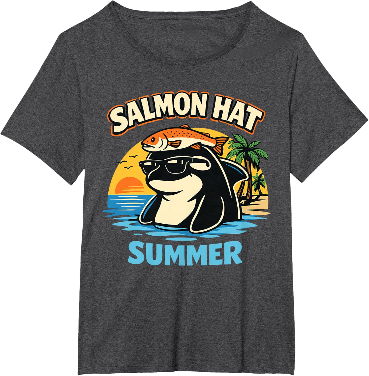 Salmon Hat Summer Orca Whale Retro Beach T-Shirt - Dark Heather Grey