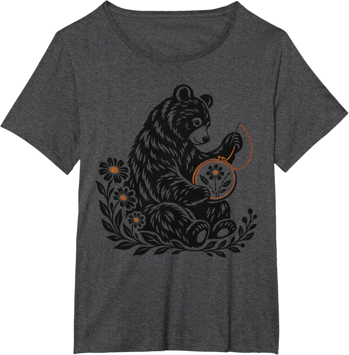Bear Embroidery Wildflowers Folk Art Needlework T-Shirt - Dark Heather Grey