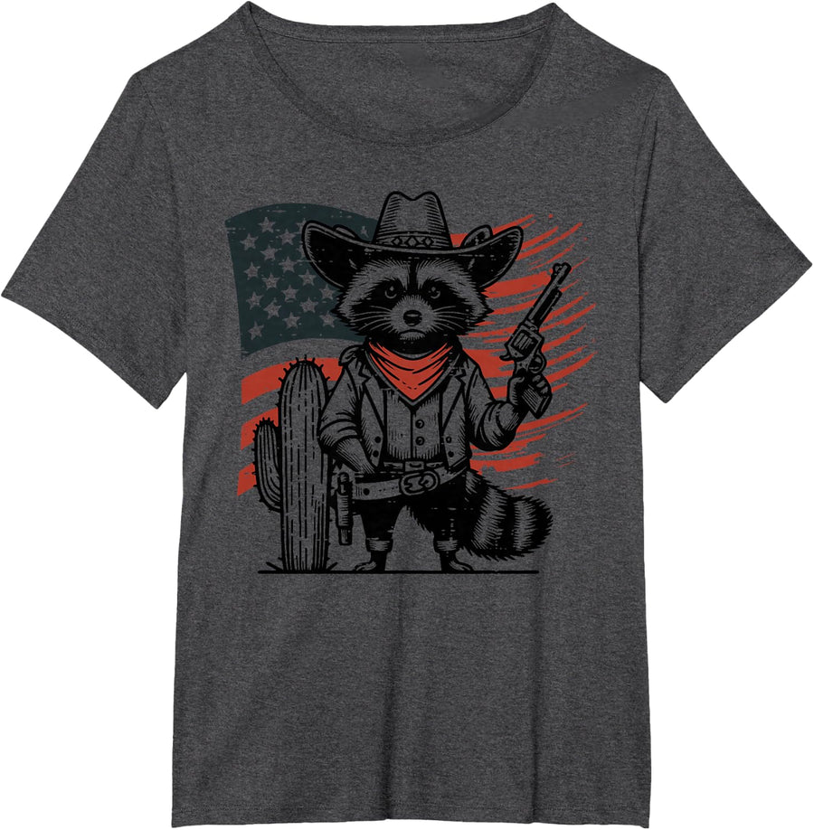 Cowboy Raccoon American Flag Patriotic Men Boys Kids Women T-Shirt - Dark Heather Grey