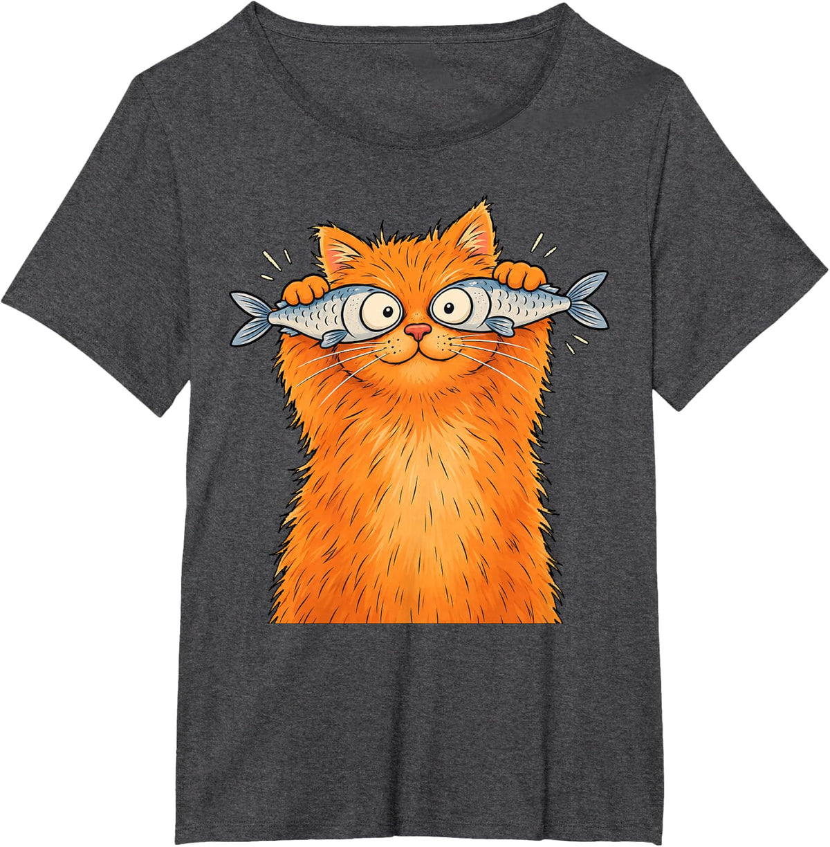Funny Orange Cat Holding Fish Eyes Whimsical Cat Lover T-Shirt - Dark Heather Grey