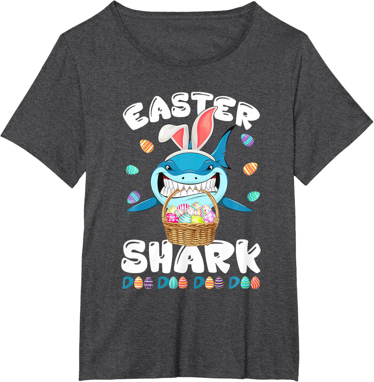 Cute Shark with Easter Basket and Bunny Ears Happy Easter T-Shirt - Dark Heather Grey