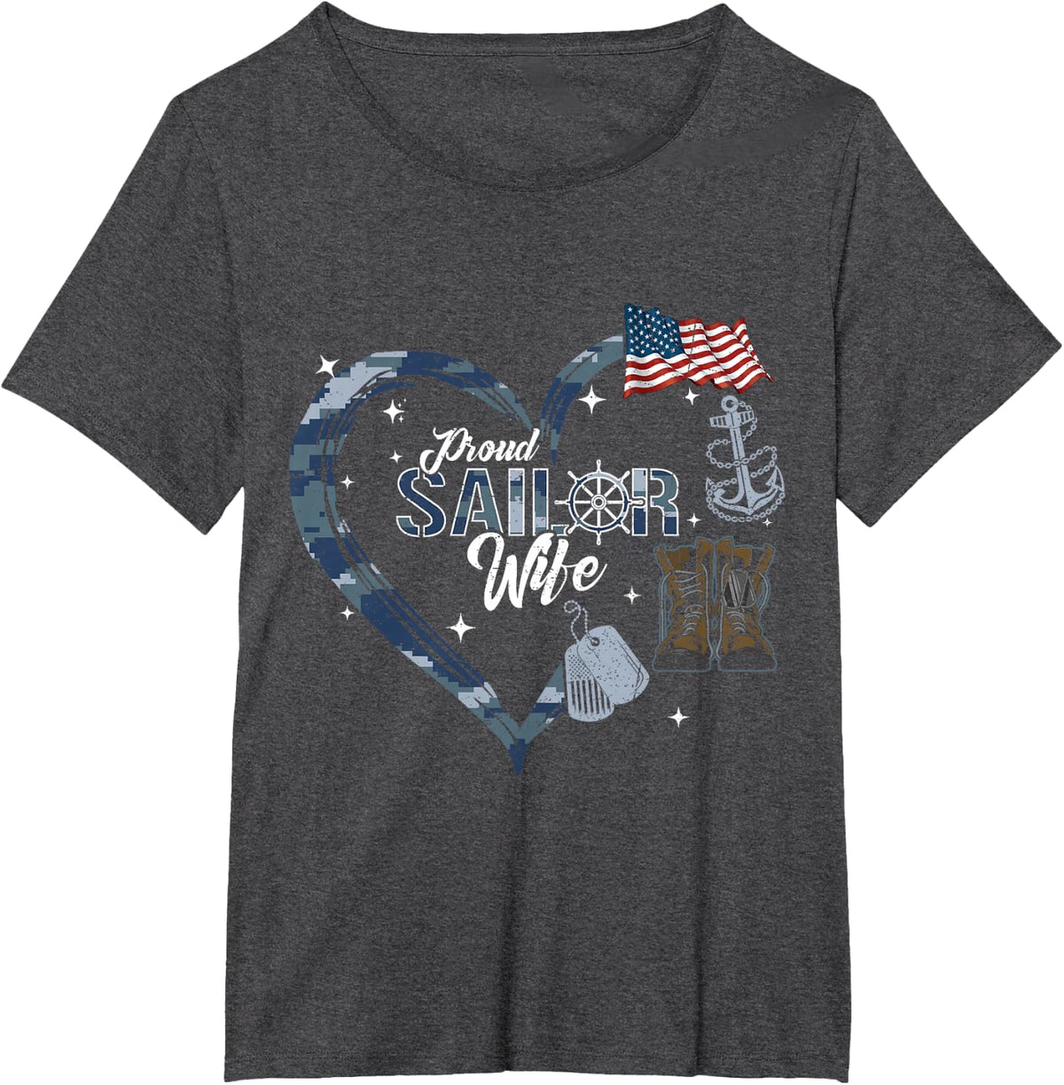 Proud Sailor Wife Anchor US Camo Heart Family Matching T-Shirt - Dark Heather Grey