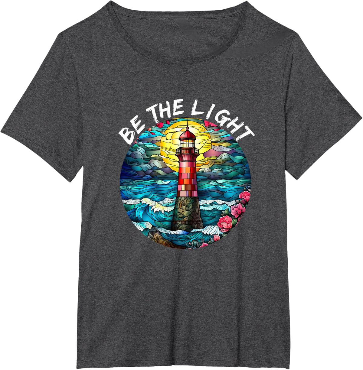Be The Light Stained Glass Lighthouse Motivational Quote T-Shirt - Dark Heather Grey