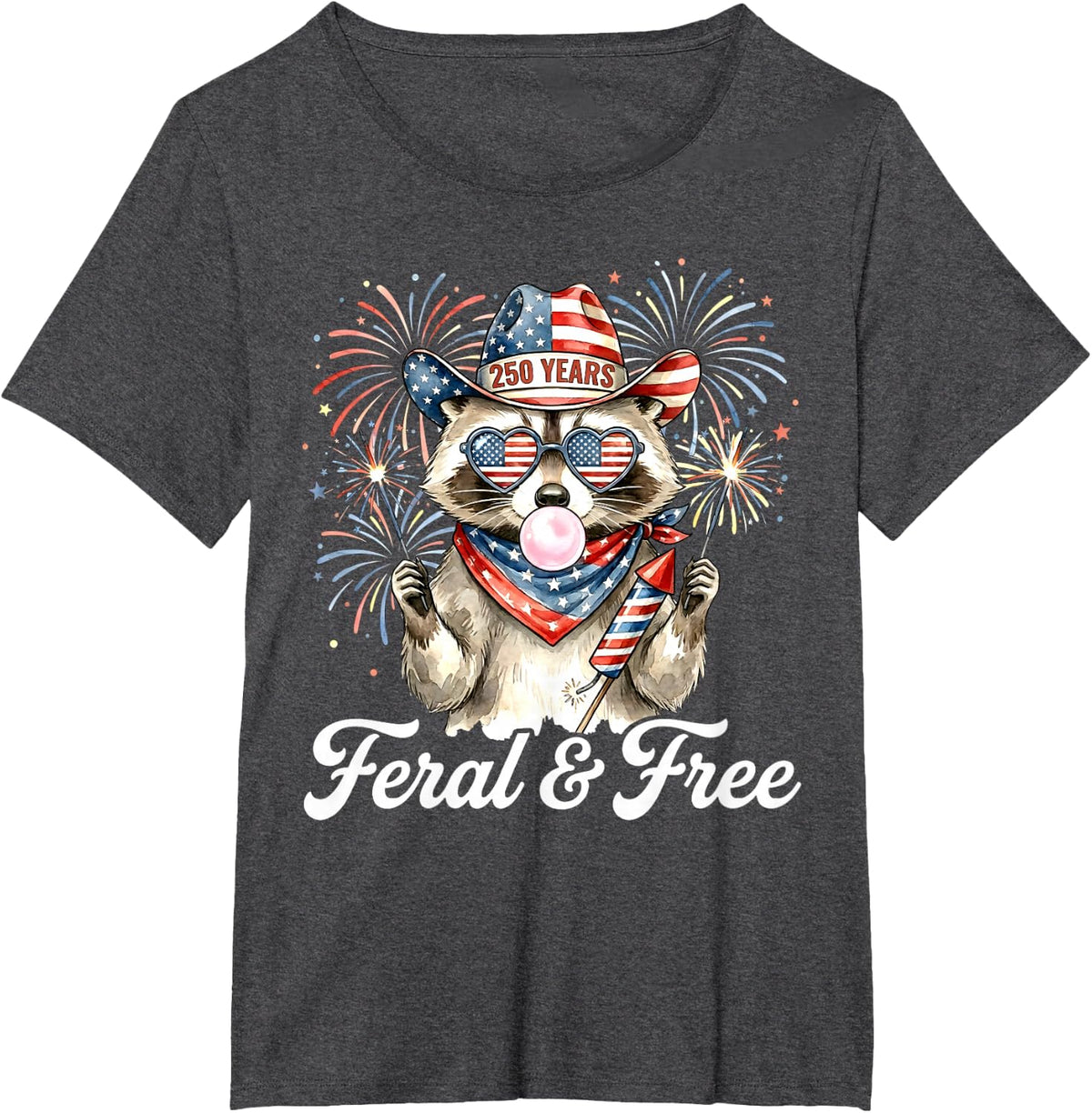Feral & Free Raccoon USA 250 Years Fourth of July Fireworks T-Shirt - Dark Heather Grey