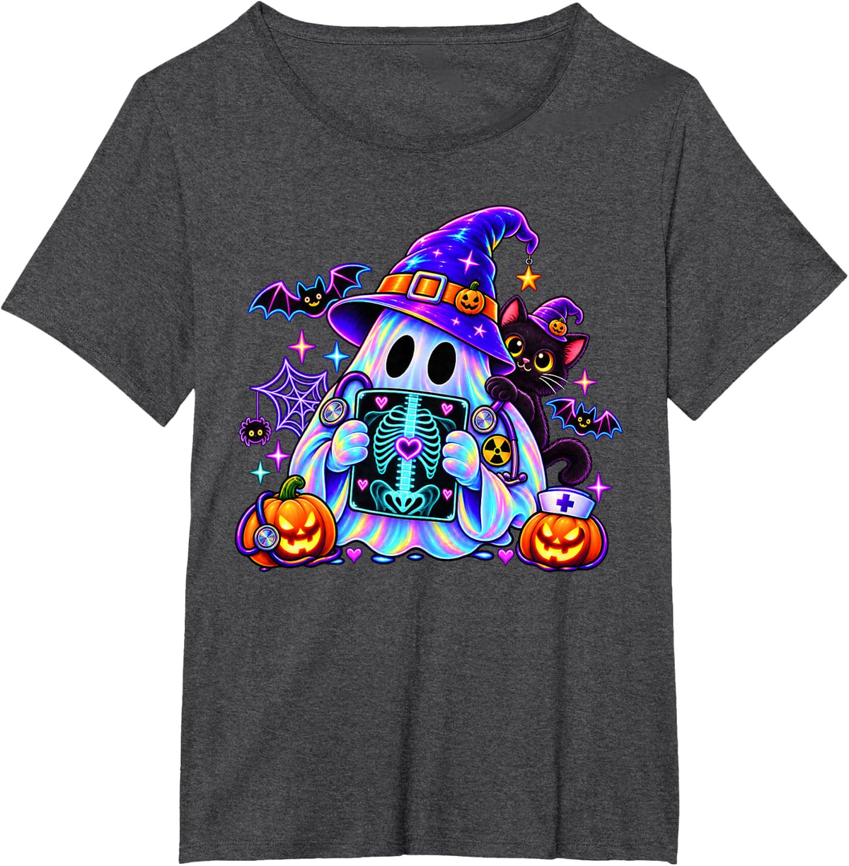 Radiology Ghost Halloween Xray Tech Radiologist Black Cat T-Shirt - Dark Heather Grey