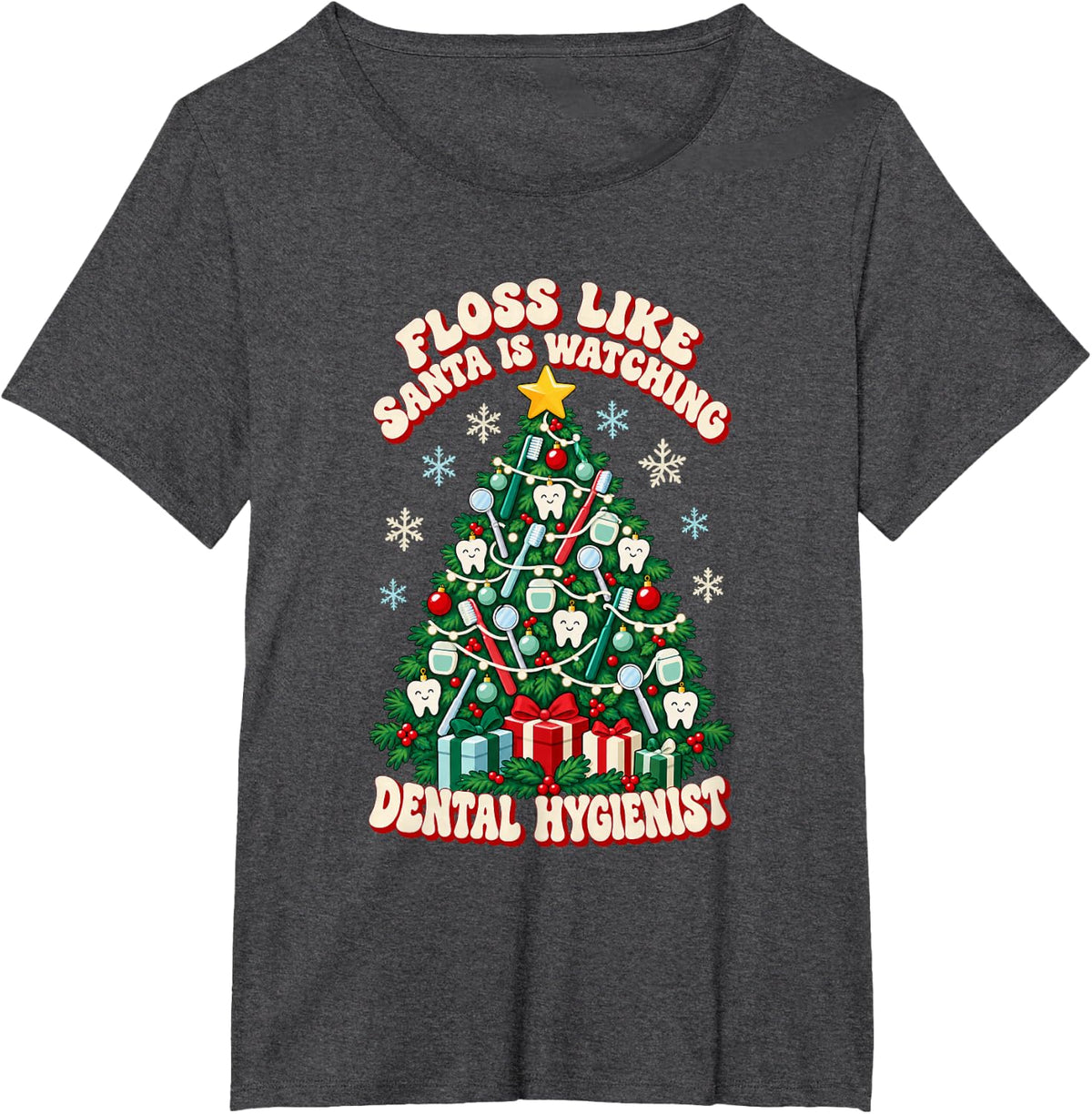 Christmas Dental Hygienist Winter Crew T-Shirt - Dark Heather Grey