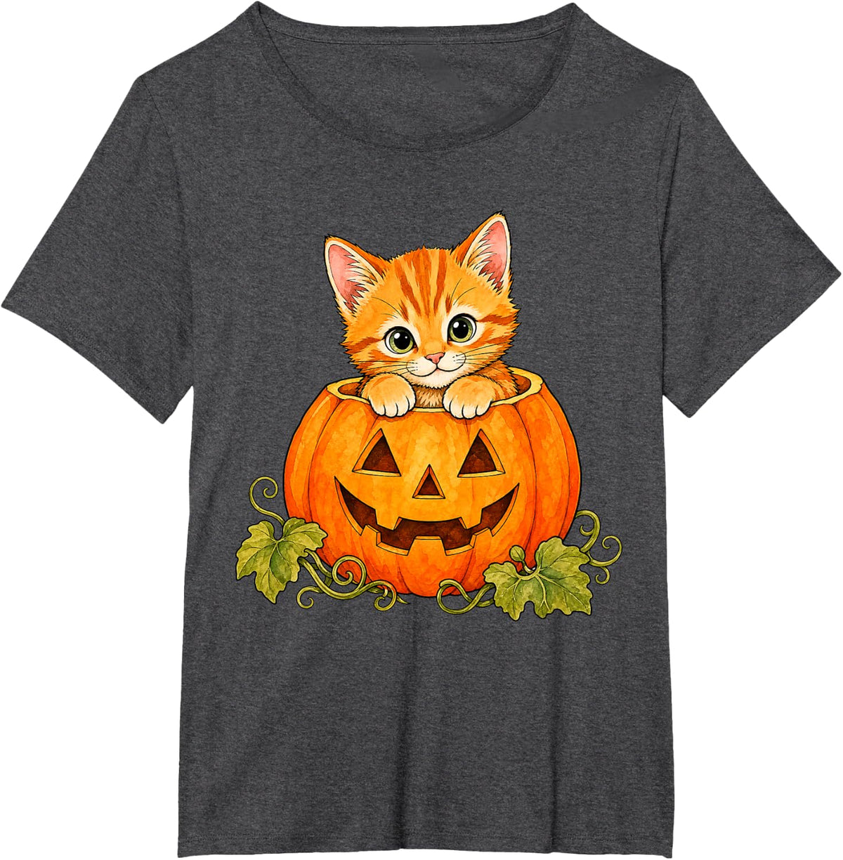 Cute Ginger Kitten Halloween Pumpkin Autumn Fall Cat Lover T-Shirt - Dark Heather Grey