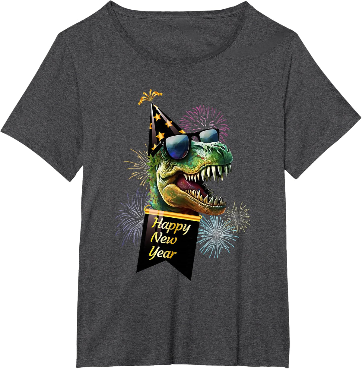 Happy New Year Dinosaur T Rex Sunglasses Fireworks NYE Party T-Shirt - Dark Heather Grey