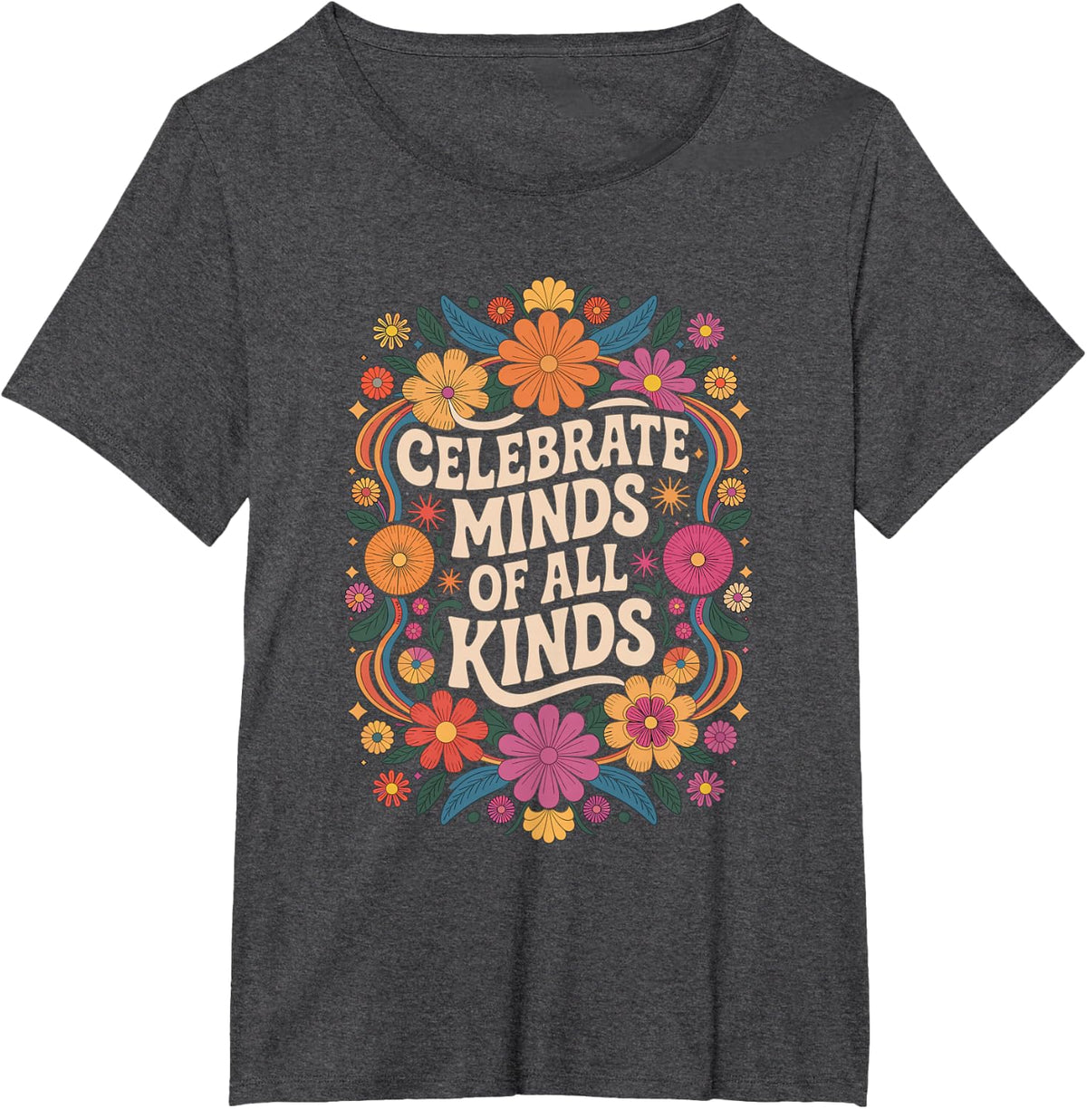 Neurodiversity Autism Celebrate All Minds Retro Floral T-Shirt - Dark Heather Grey