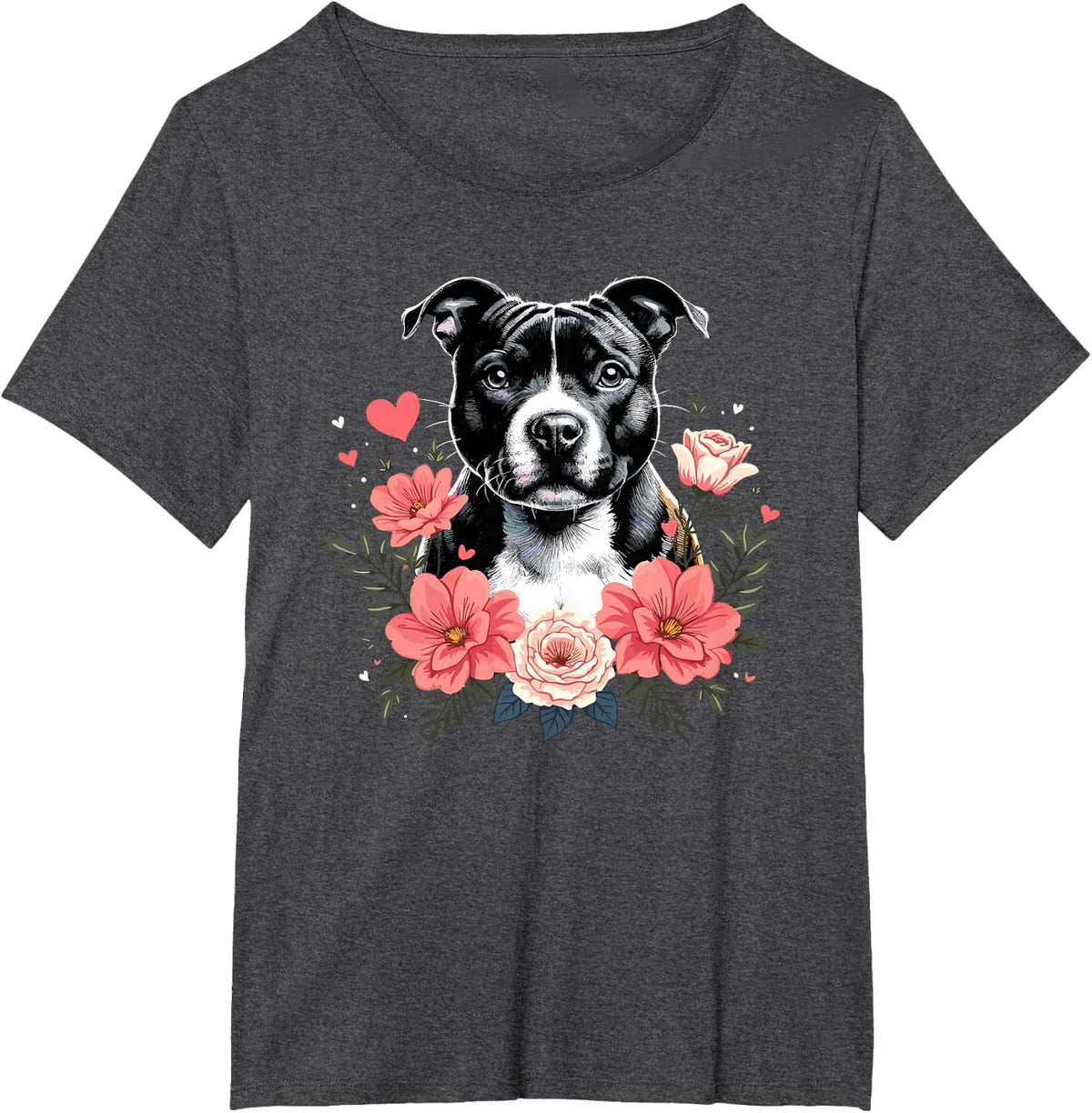 Roses Flowers Staffordshire Bull Terrier Staffy Terriers T-Shirt - Dark Heather Grey