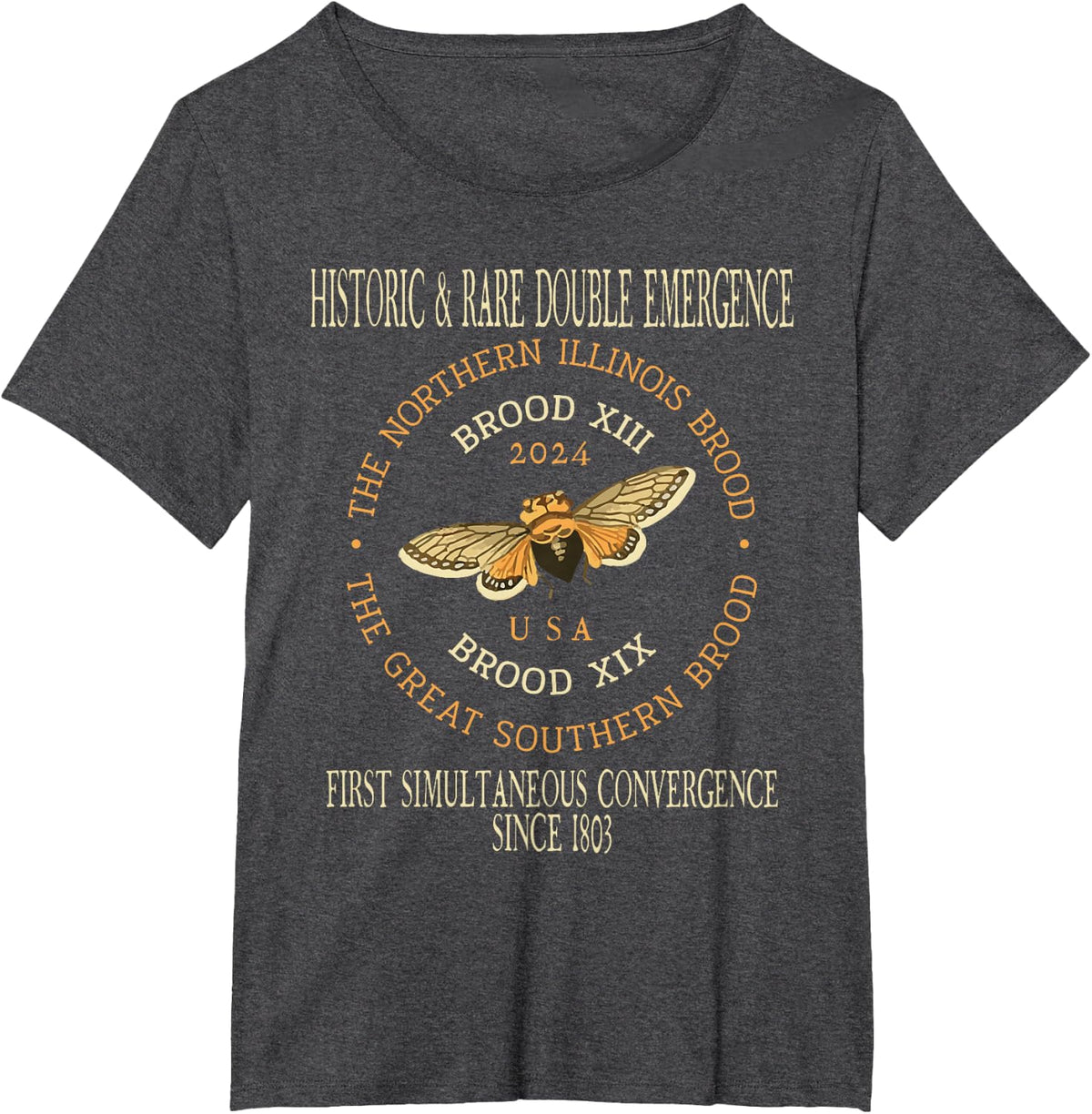 Historic Cicada 2024 Event Brood XIX & XIII Emergence Music T-Shirt - Dark Heather Grey