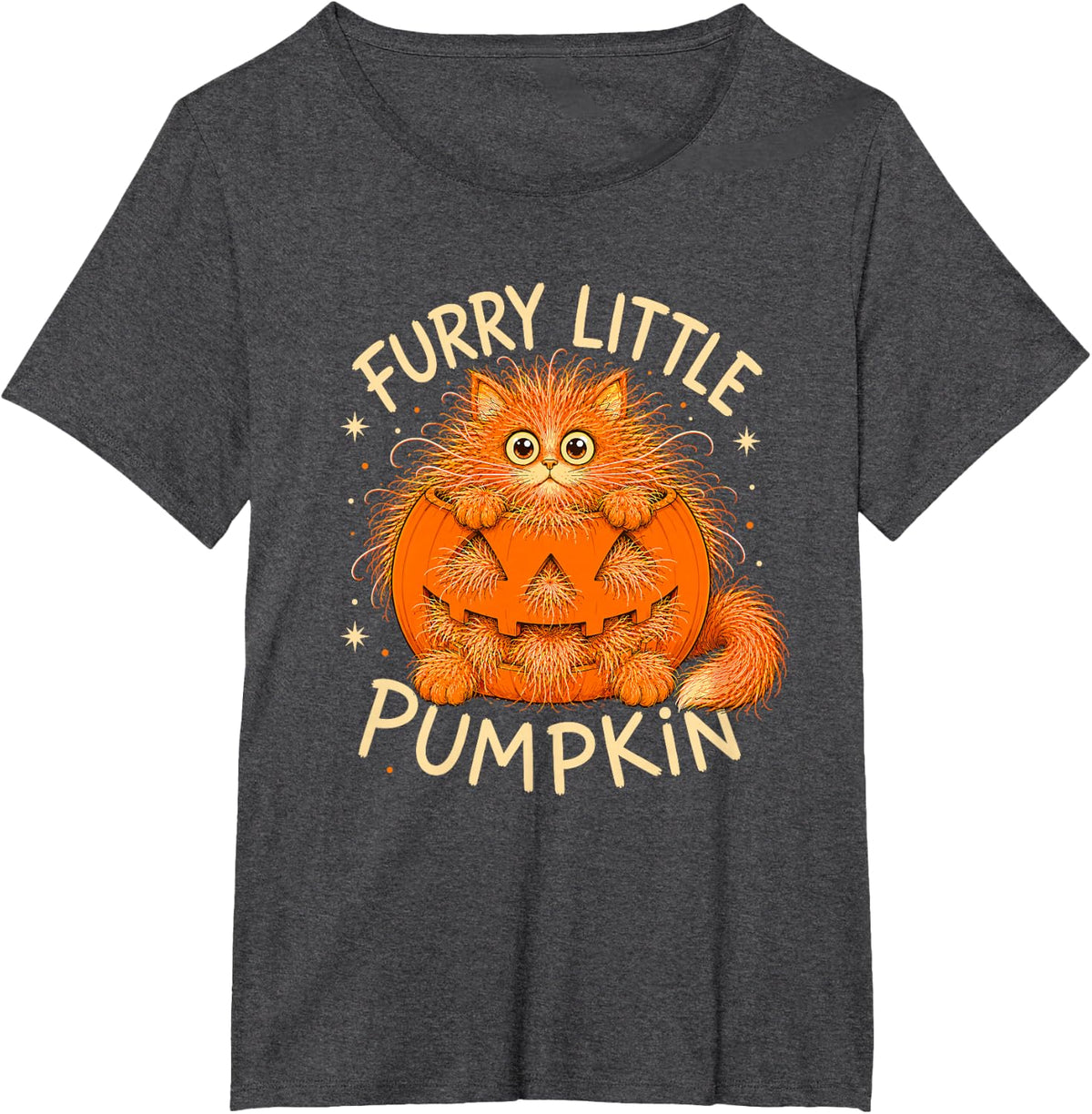 Furry Little Pumpkin Cute Fluffy Orange Cat Halloween T-Shirt - Dark Heather Grey