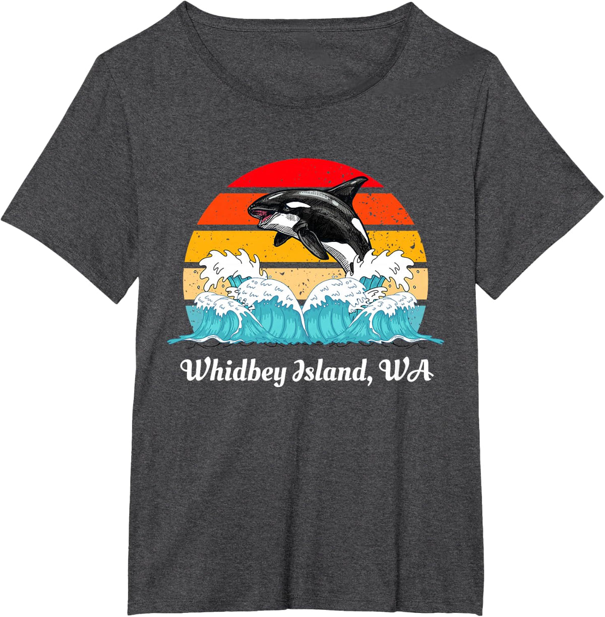 Vintage Whidbey Island WA Distressed Orca Killer Whale Art T-Shirt - Dark Heather Grey