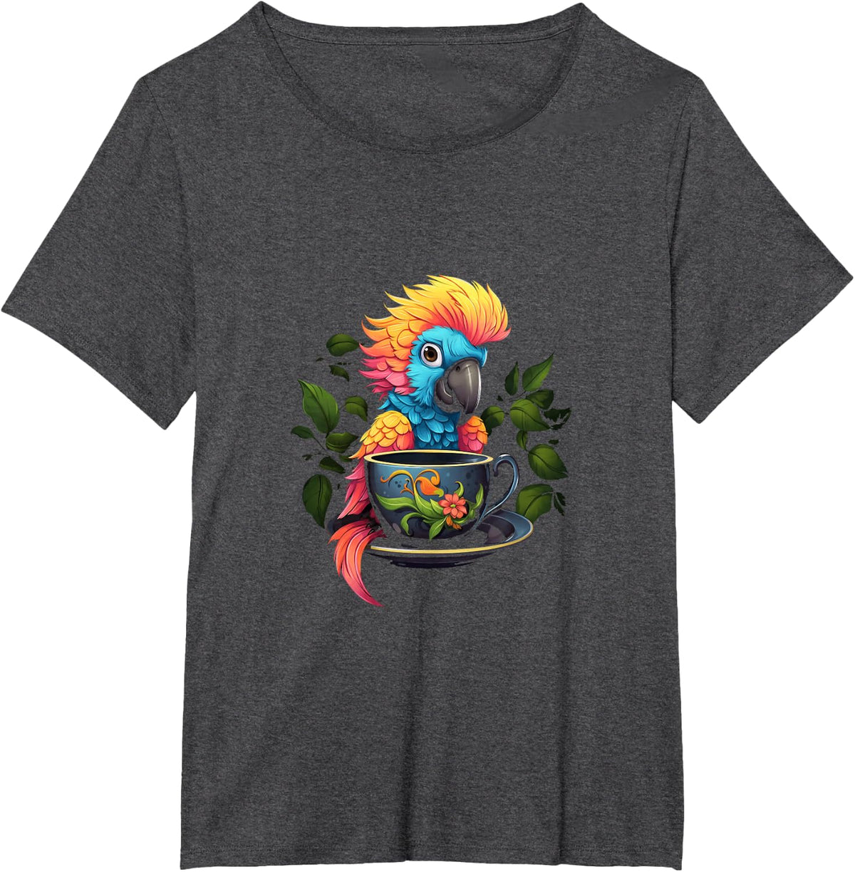 Parrot Tea Cup Bird Tea Drinking T-Shirt - Dark Heather Grey