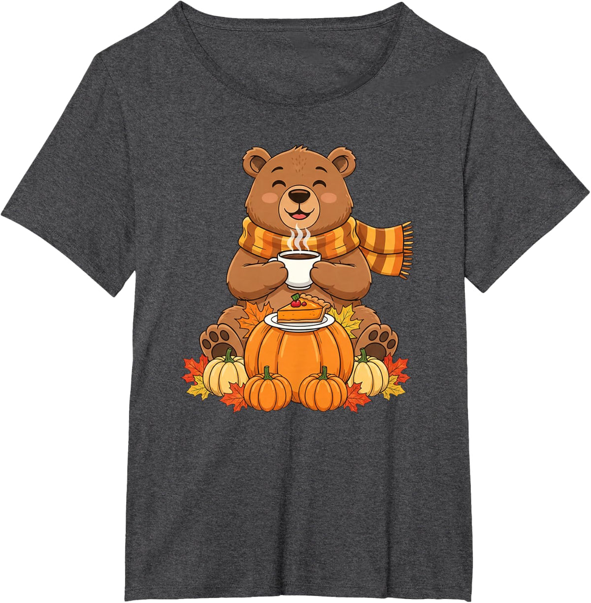Funny Bear Coffee Autumn Thanksgiving Womens Mens Kids T-Shirt - Dark Heather Grey