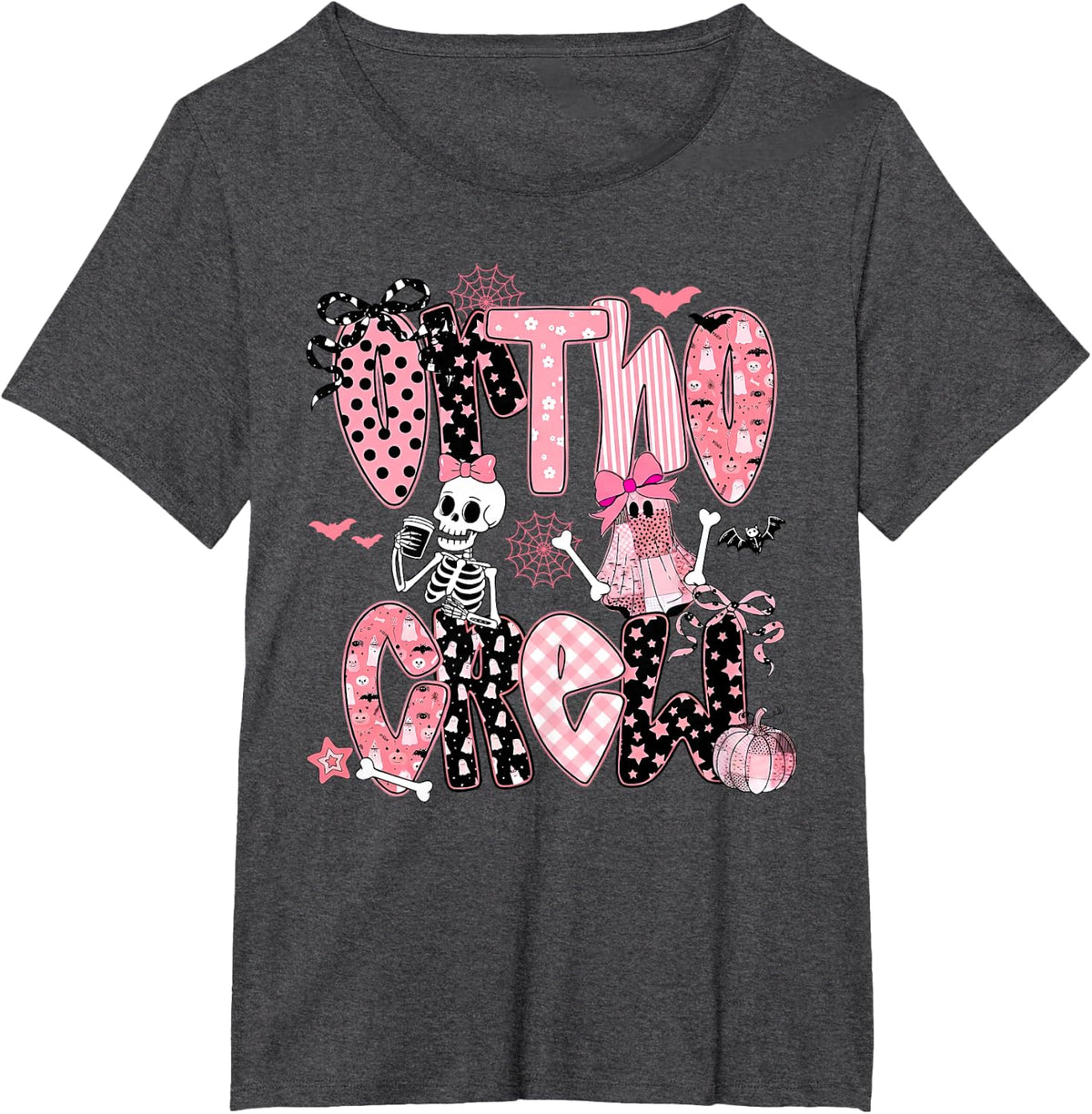 Ortho Crew Skeleton Ghost Coquette Bow Orthopedic Halloween T-Shirt - Dark Heather Grey