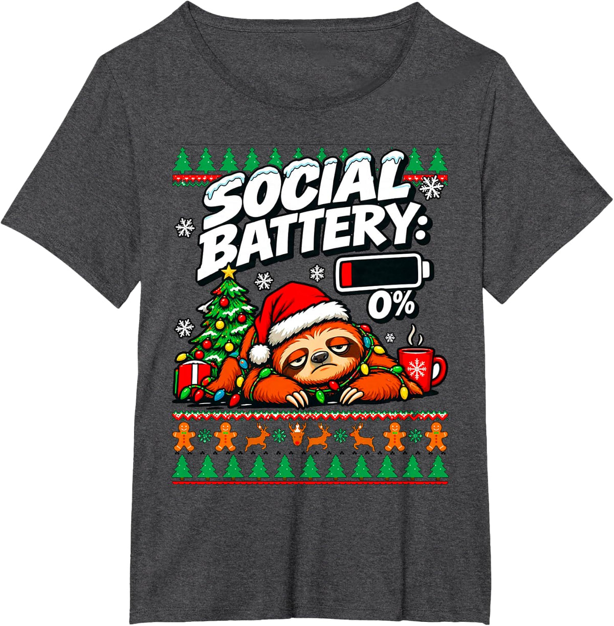 Social Battery 0% Funny Ugly Christmas Sweater Sloth Meme T-Shirt - Dark Heather Grey
