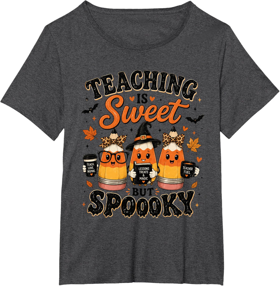 Teaching is Sweet Spooky Teacher Halloween Candy Corn T-Shirt - Dark Heather Grey