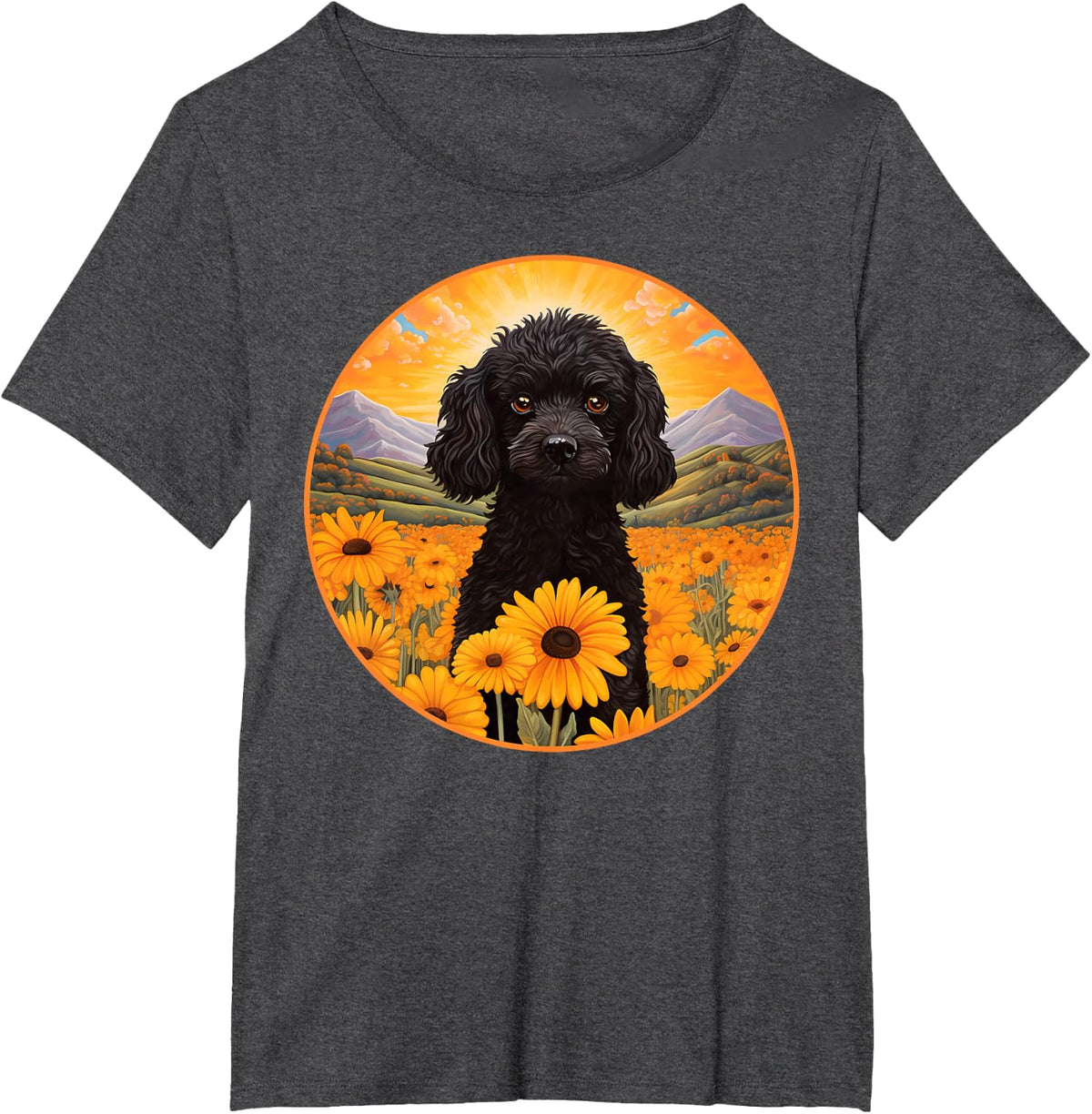 Cute Black Poodle Colorful Flower Mountain Sunset Puppy Dog T-Shirt - Dark Heather Grey