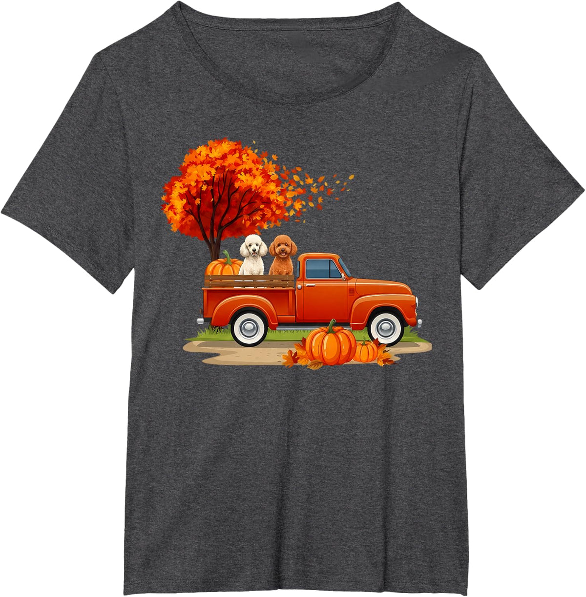 Miniature Poodle Dog Truck Pumpkin Autumn Fall Thanksgiving T-Shirt - Dark Heather Grey