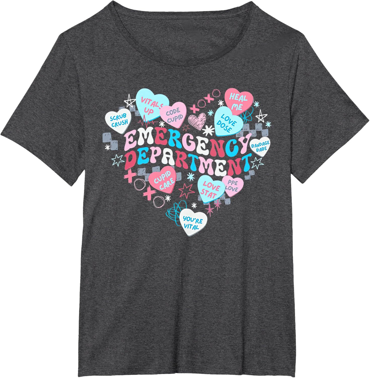 Retro Emergency Department Heart Valentines Nurse ER Crew T-Shirt - Dark Heather Grey