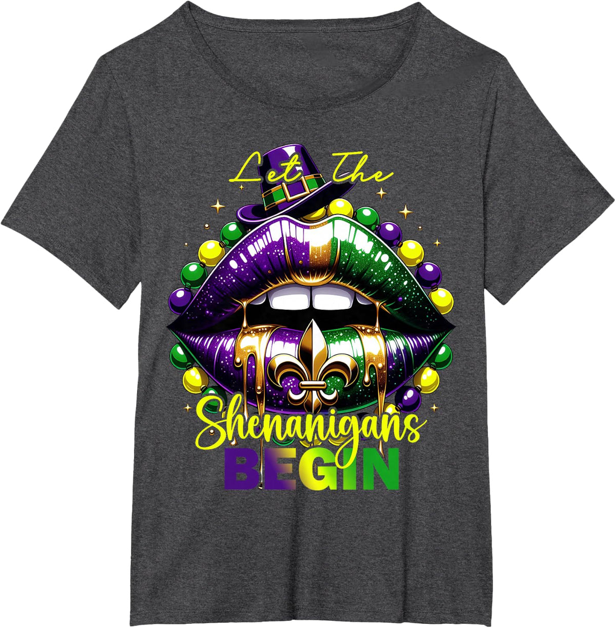 Mardi Gras Let The Shenanigans Begin Lips New Orleans T-Shirt - Dark Heather Grey