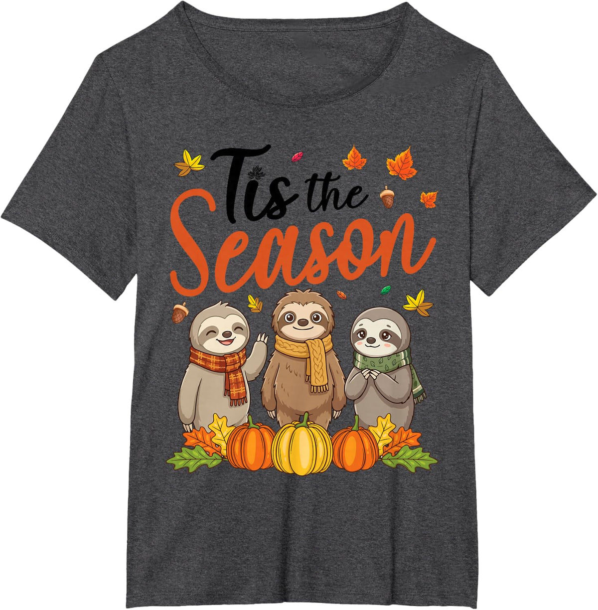 Tis The Season Autumn Cute Sloth Together Leaves Pumpkin T-Shirt - Dark Heather Grey