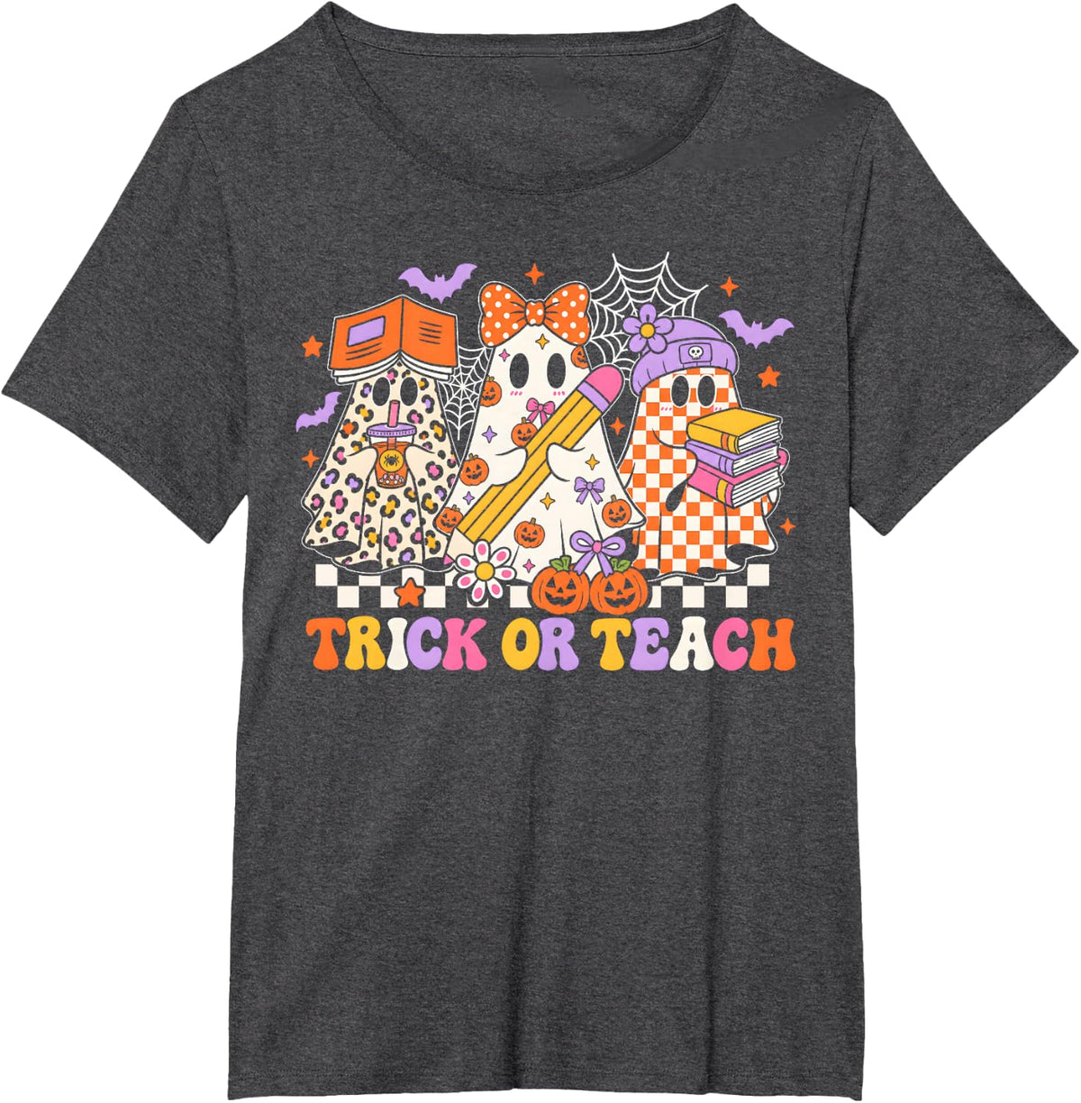 Teacher Halloween Trick Or Teach Cute Ghost Coffee Pumpkins T-Shirt - Dark Heather Grey