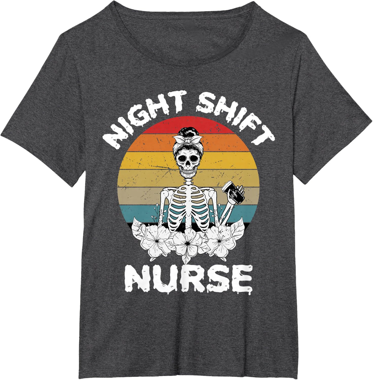 Funny Night Shift Nurse Skeleton Halloween RN Nurses Women T-Shirt - Dark Heather Grey