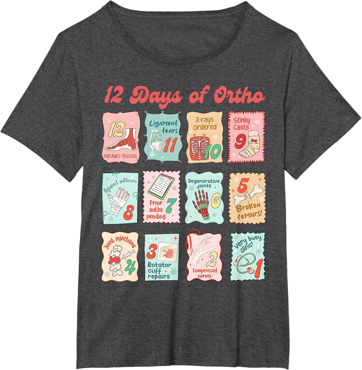 Retro Stamp 12 Days of Ortho Christmas Orthopedic Surgeon T-Shirt - Dark Heather Grey