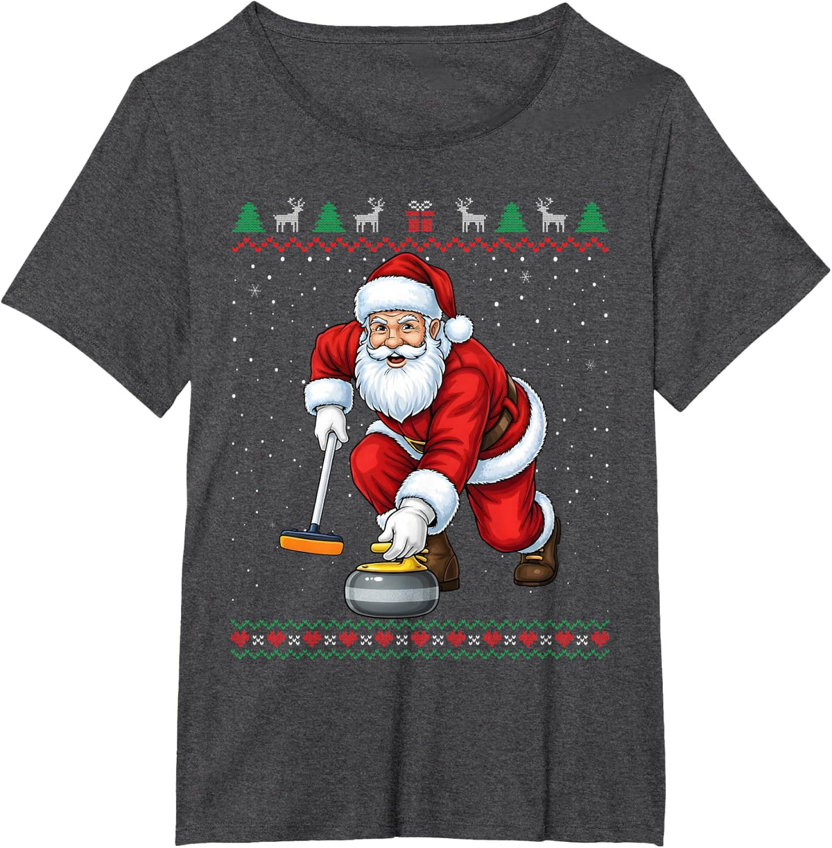 Santa Claus Curling Christmas Funny Ugly Sweater T-Shirt - Dark Heather Grey